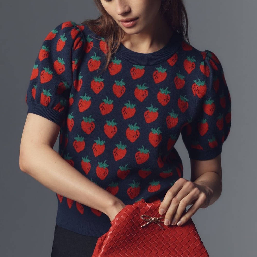 Anthropologie Maeve The Maxine Puff-Sleeve Strawberry Sweater Tee